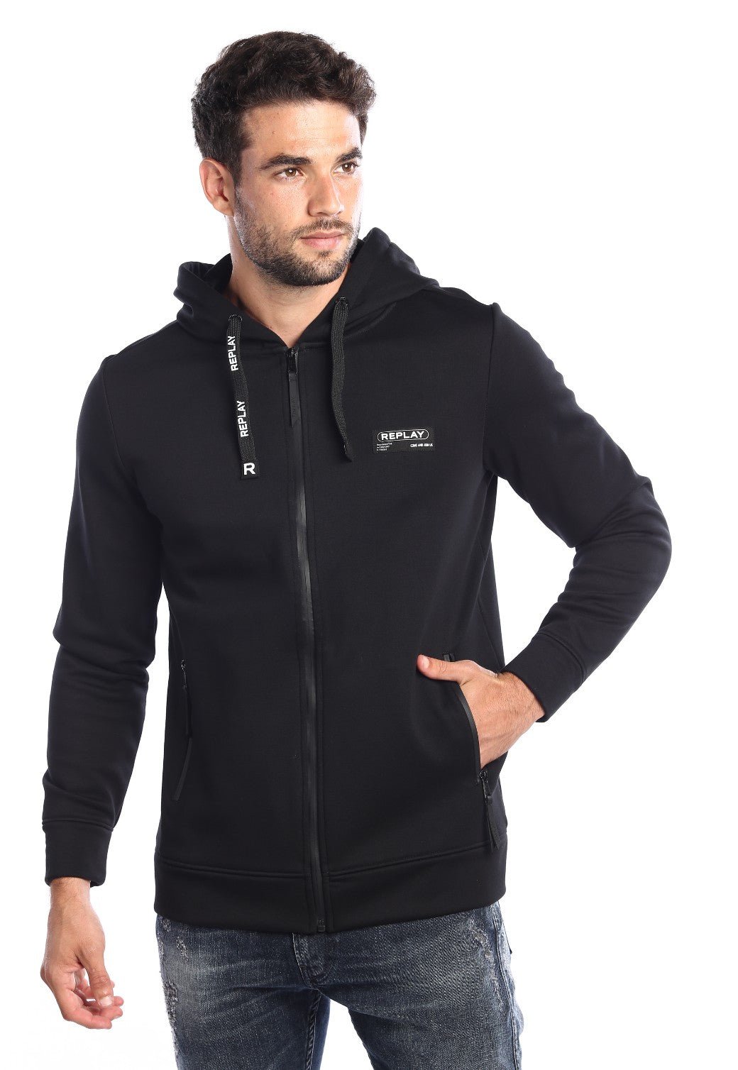 קפוצ'ון רוכסן בטנת וולור פנימית ארוך לוגו קטן בחזה | גברים BLACK / L