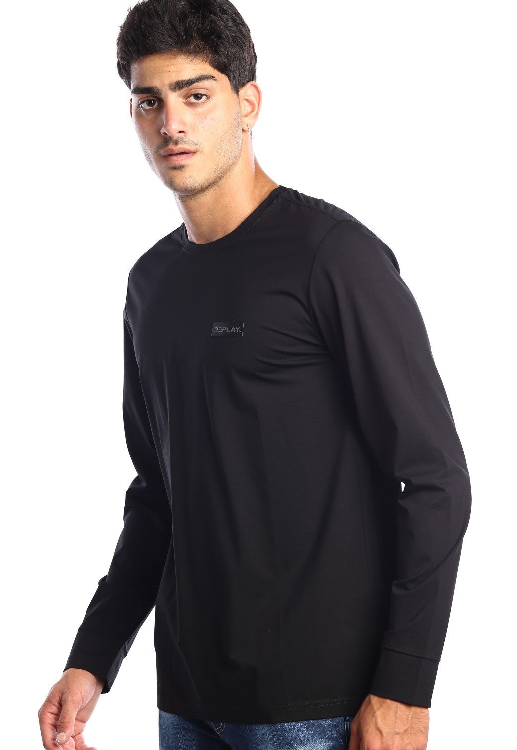 טי שירט ארוכה מבד מרצרייז עם לוגו קטן | גברים BLACK / L