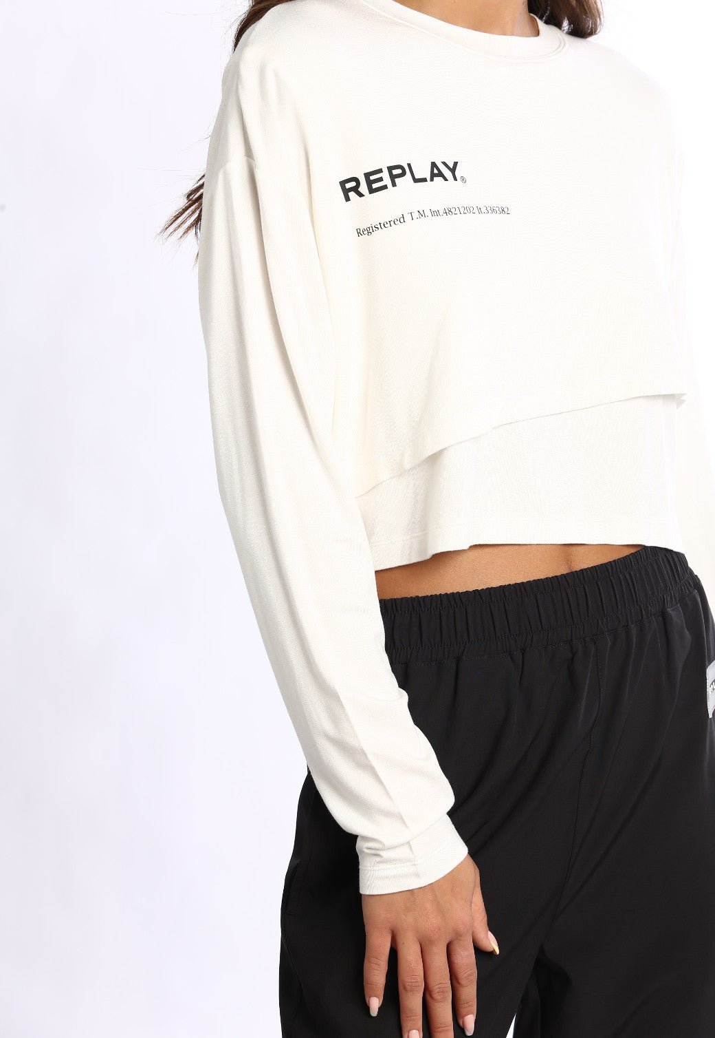 טי שירט ארוכה שתי שכבות לוגו גדול בחזה | נשים WHITE / S