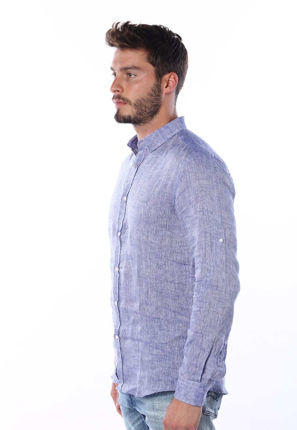 חולצה מכופתרת מבד פשתן | גברים BLUE / L