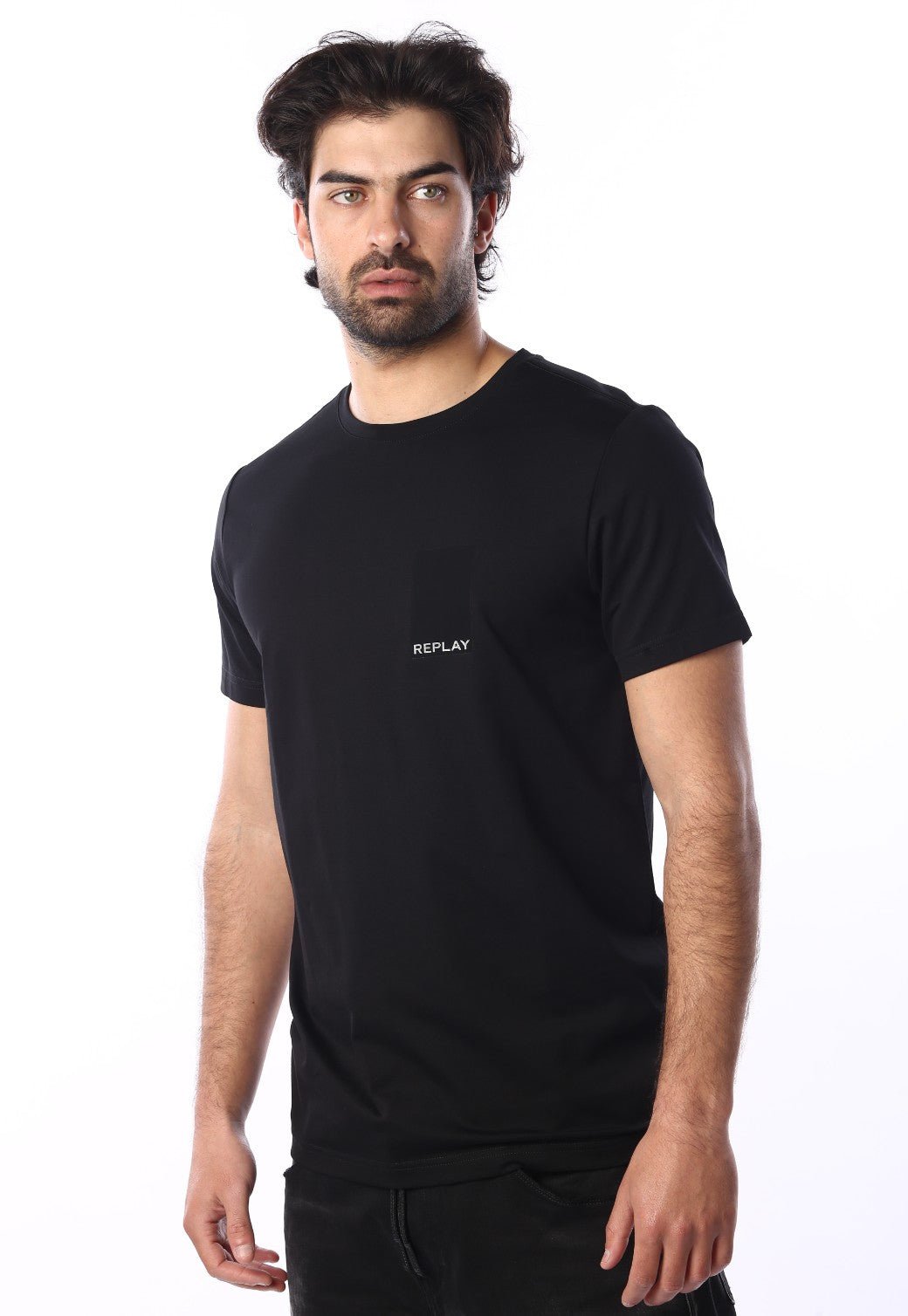 טי שירט קצרה עם הדפס לוגו בכיס והדפס R בגב | גברים BLACK / L