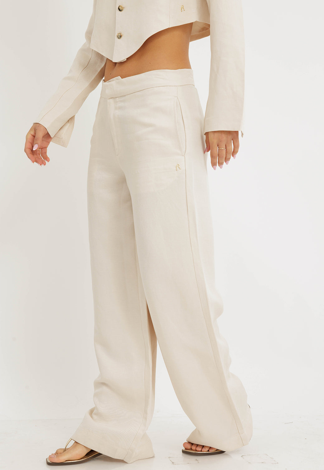 מכנסיים ארוכים לנשים מבד פשתן – לבן אוף-וייט