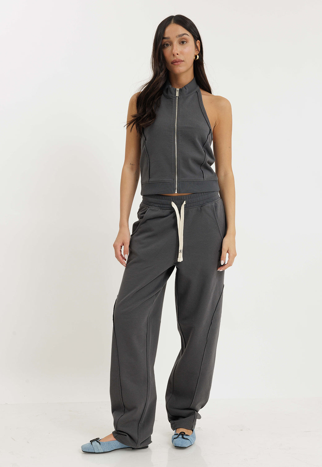 מכנסי טרי ארוכים לנשים בצבע אפור