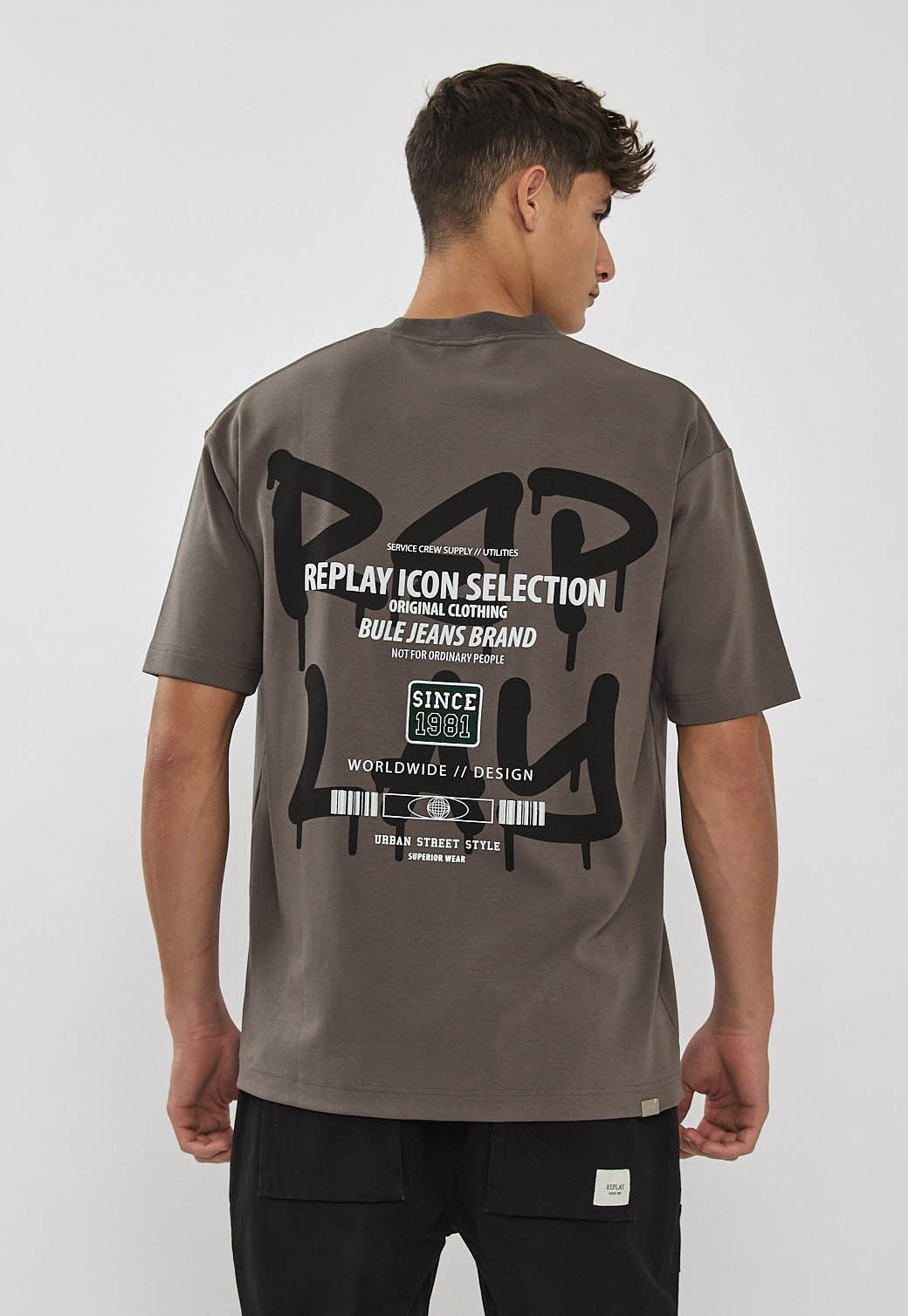 טי-שירט חומה לגברים עם הדפס גרפי גדול בגב מבית Replay.
