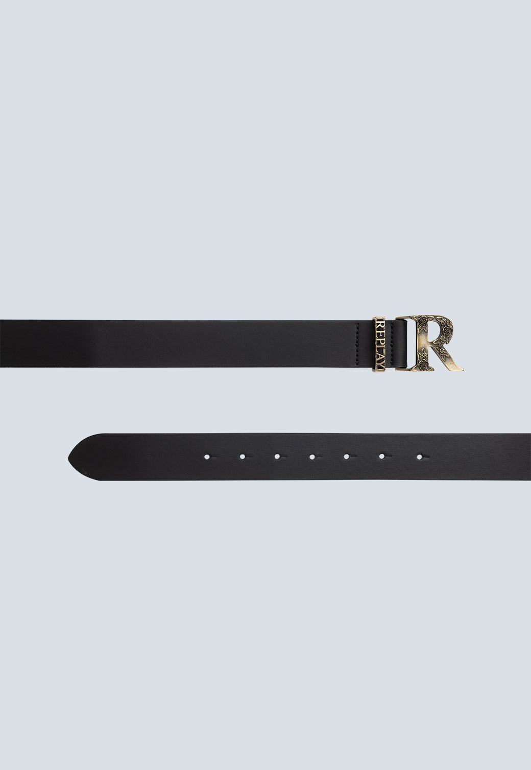 חגורת נשים שחורה עם אבזם מוזהב בעיצוב לוגו R