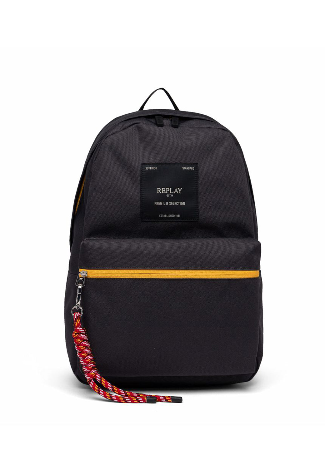 תיק גב שחור עם כיס קדמי ורוכסן צהוב