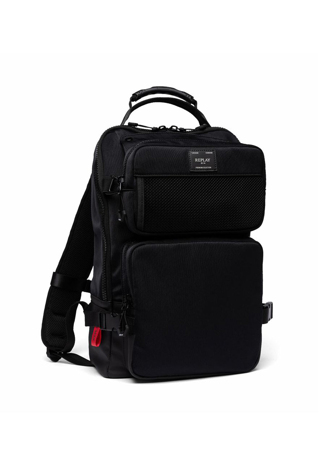 תיק גב שחור עם כיסים קדמיים ורוכסנים
