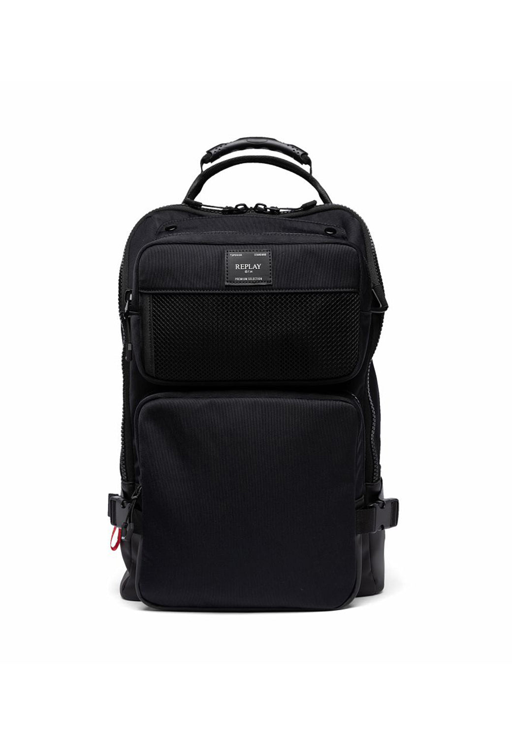 תיק גב שחור עם כיסים קדמיים ורוכסנים