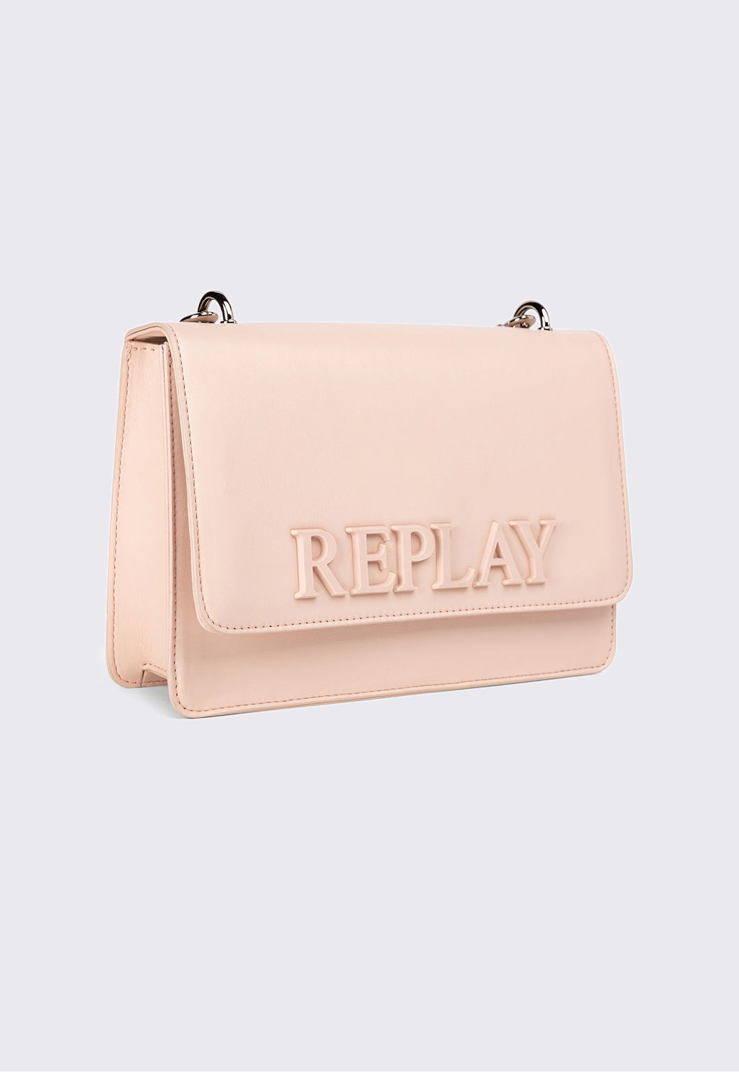 תיק צד בצבע ורוד בהיר עם לוגו מובלט