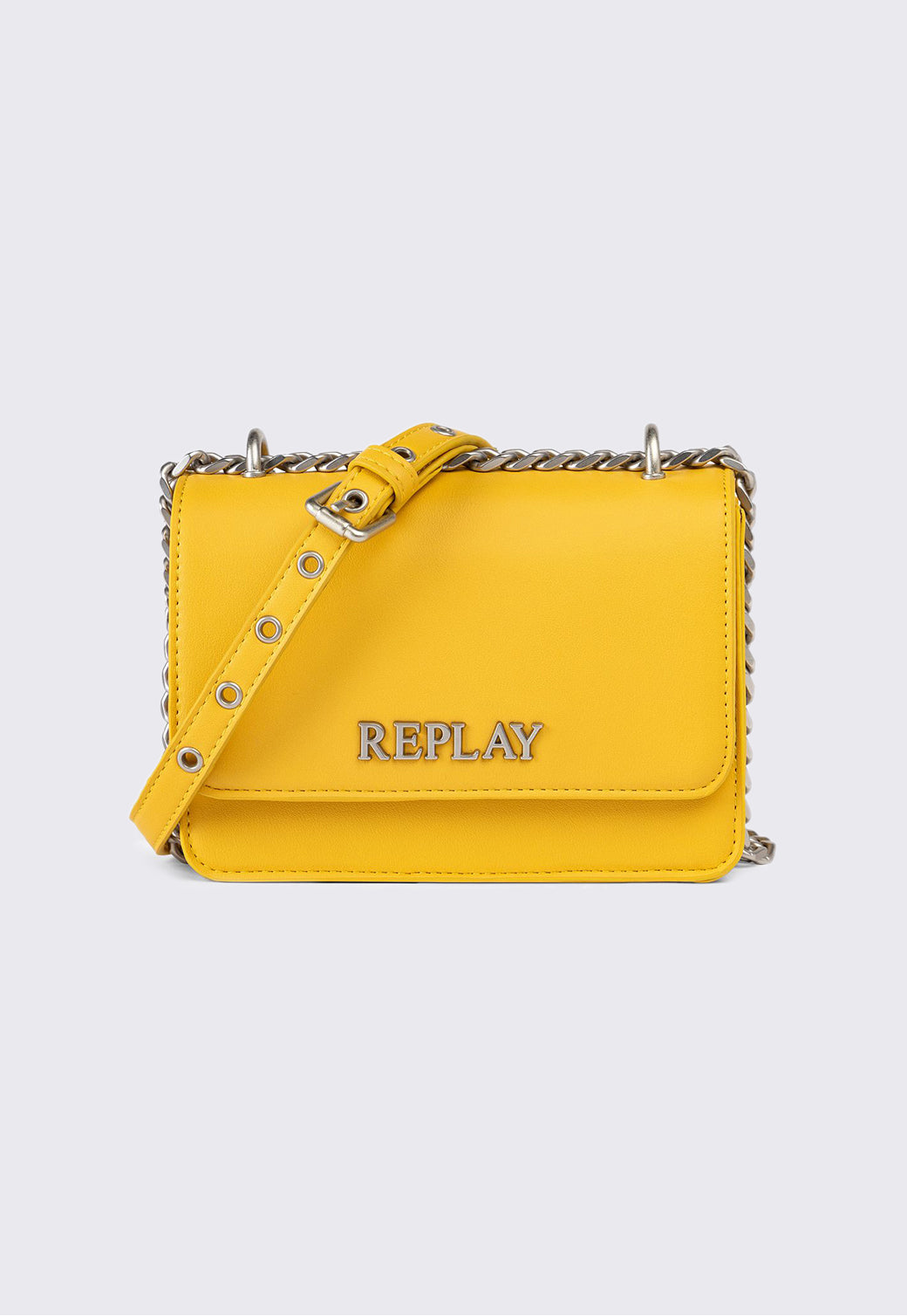 תיק צד לנשים בצבע צהוב מימוזה עם רצועת שרשרת ולוגו מתכתי בחזית.