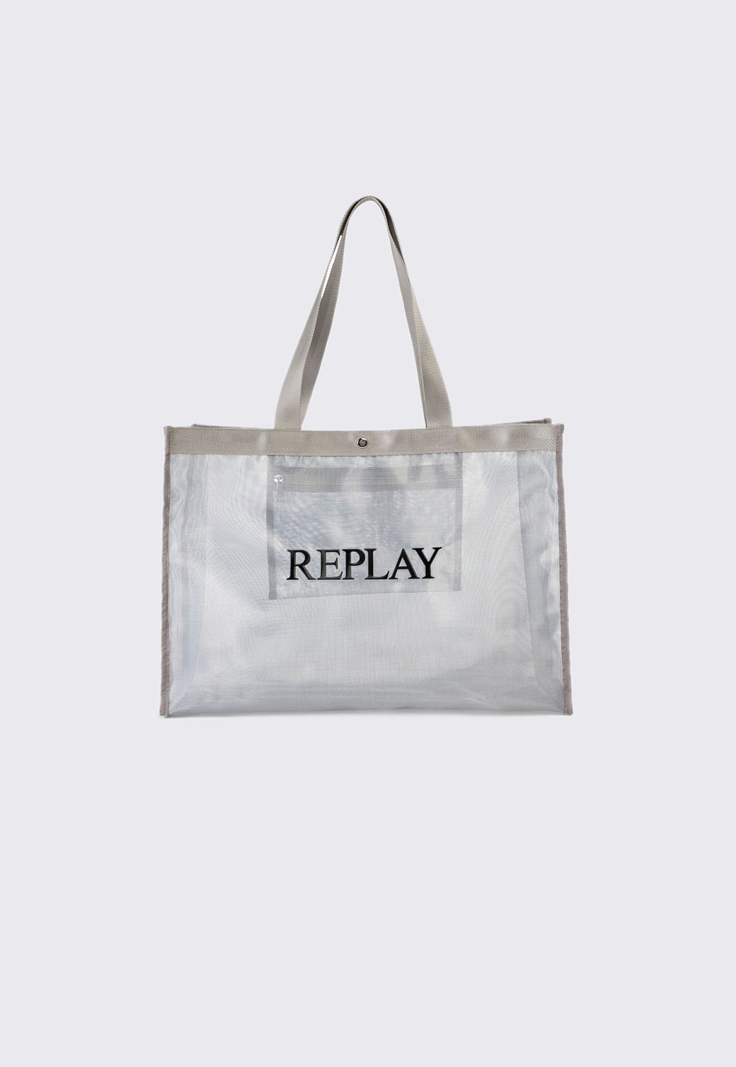 תיק שקוף לנשים עם ידיות בד ולוגו REPLAY שחור מודפס בחזית.