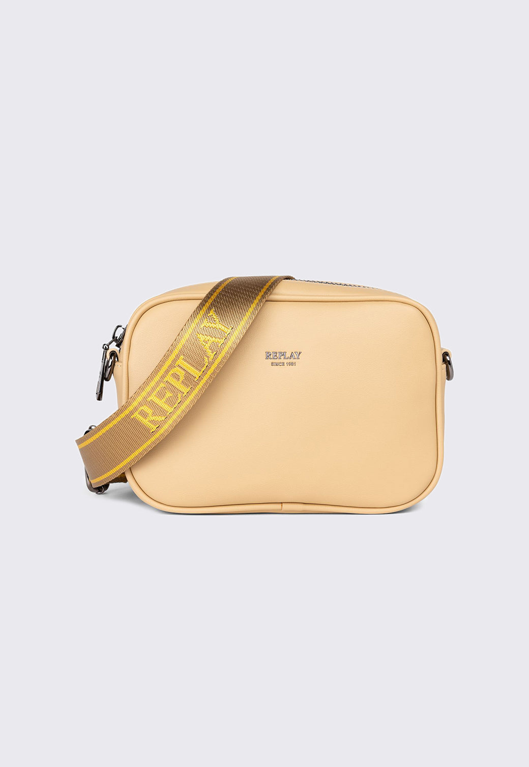 תיק צד לנשים בצבע חום בהיר עם רצועת בד לוגו