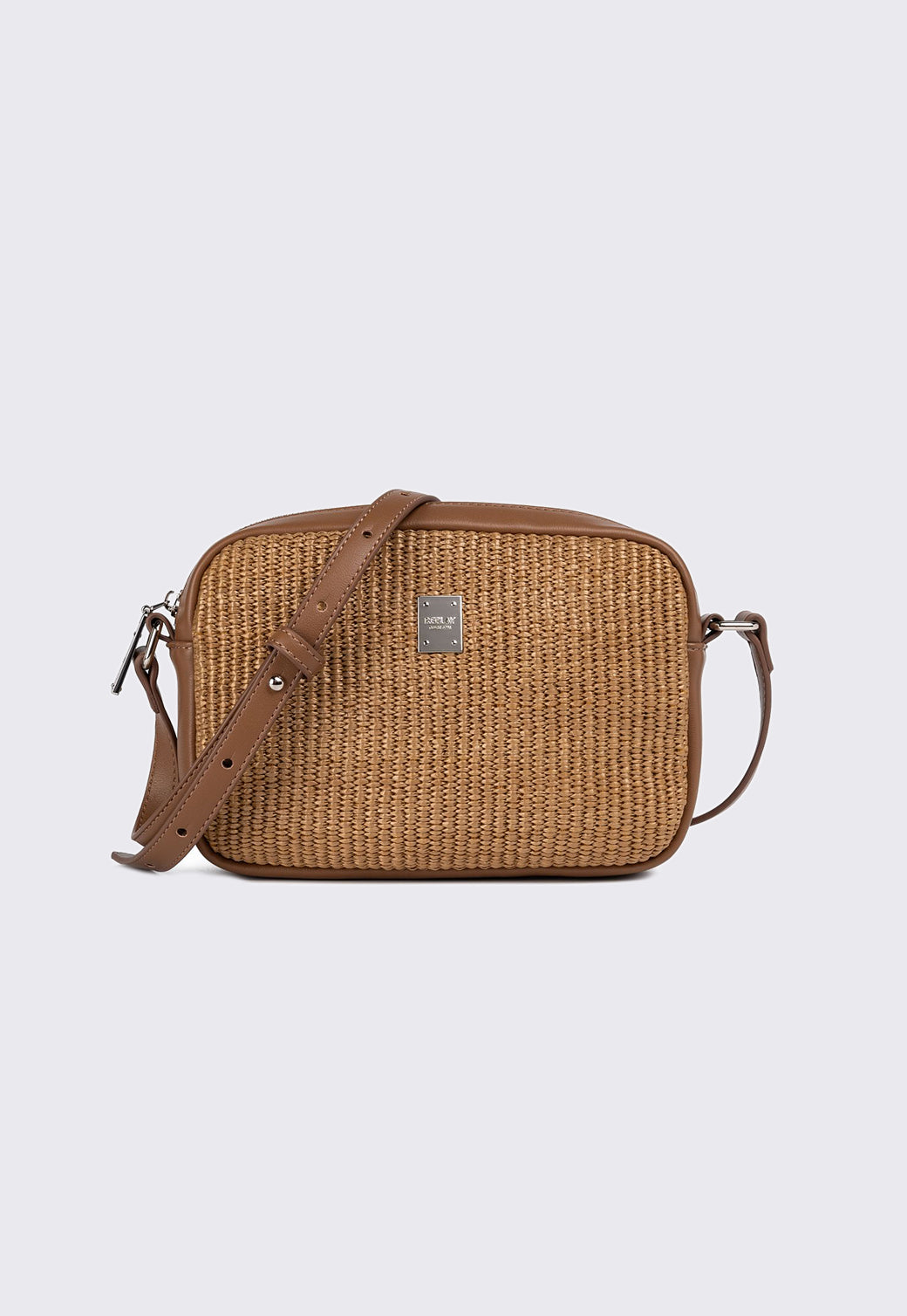 תיק קש מלבני עם רצועת בצבע חום