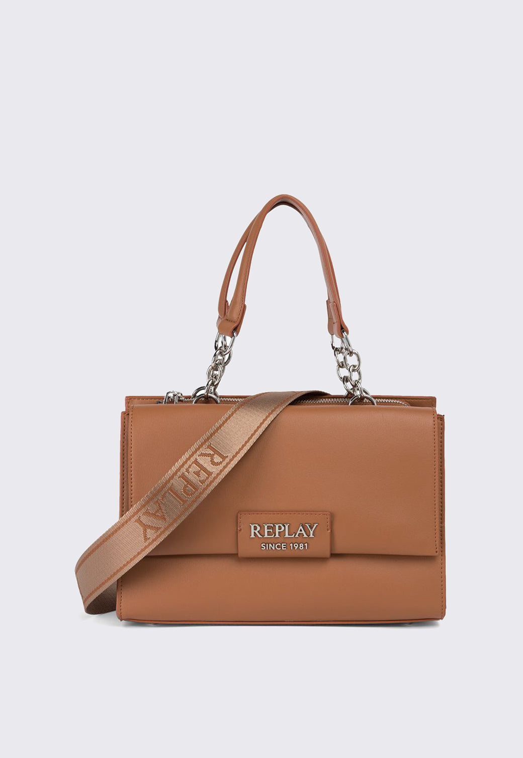 תיק יד לנשים בצבע חום עם רצועת לוגו