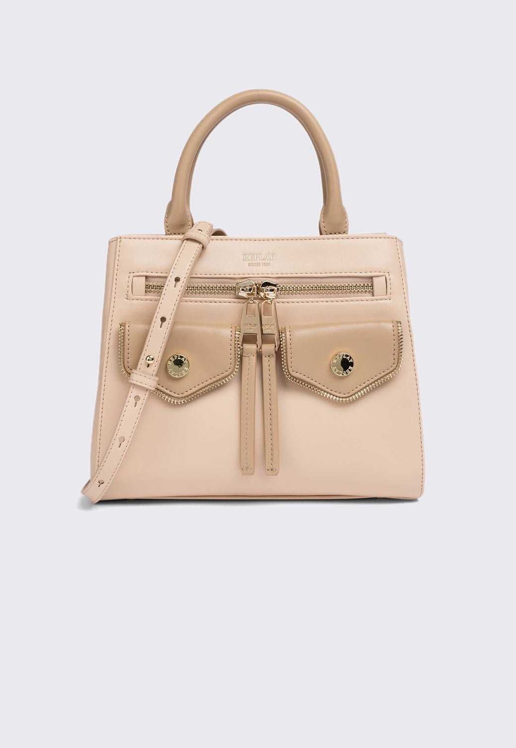 תיק יד לנשים בצבע בז׳ עם כיסים קדמיים ולוגו