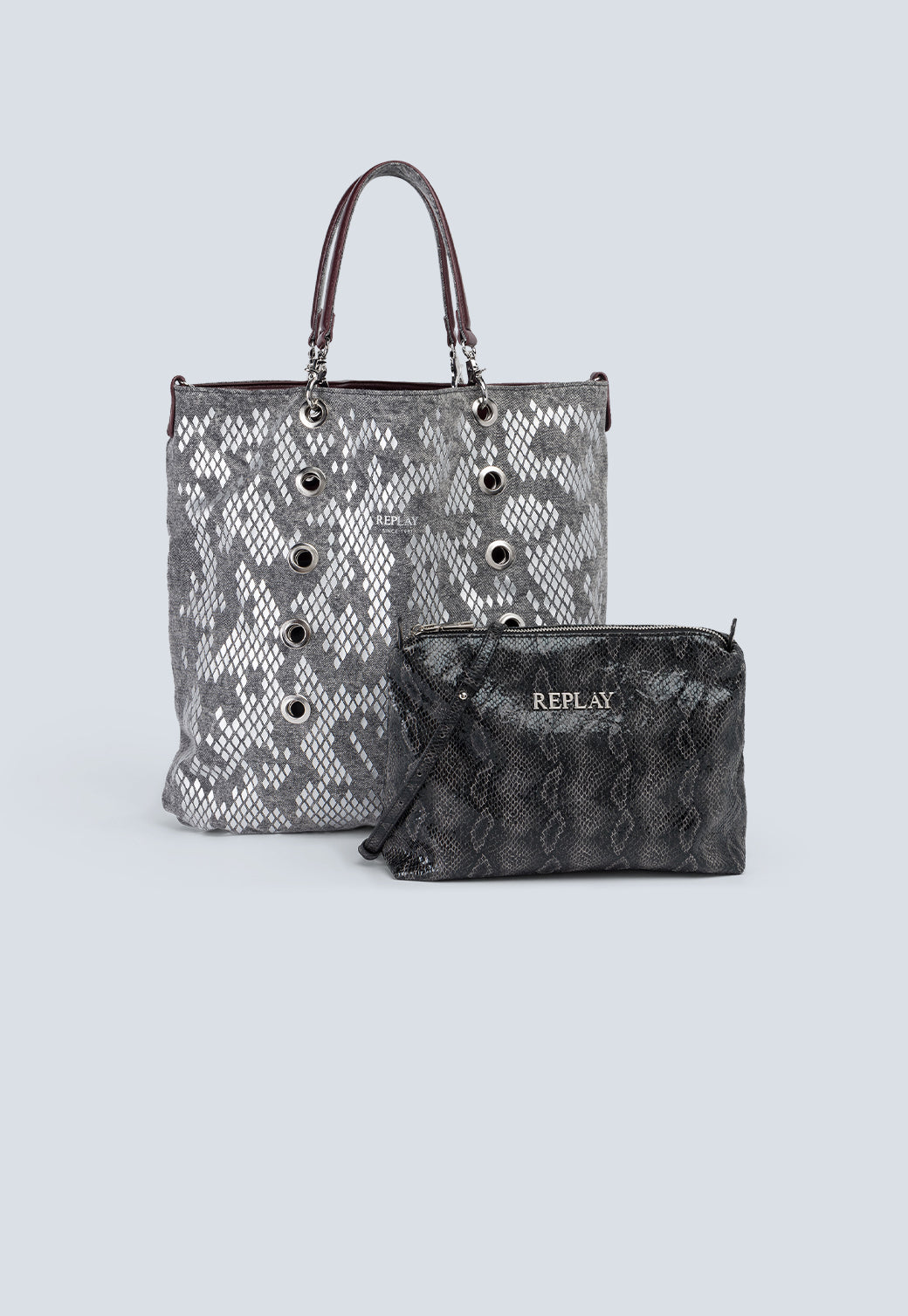 תיק יד לנשים בהדפס נחש אפור עם תיק קטן תואם