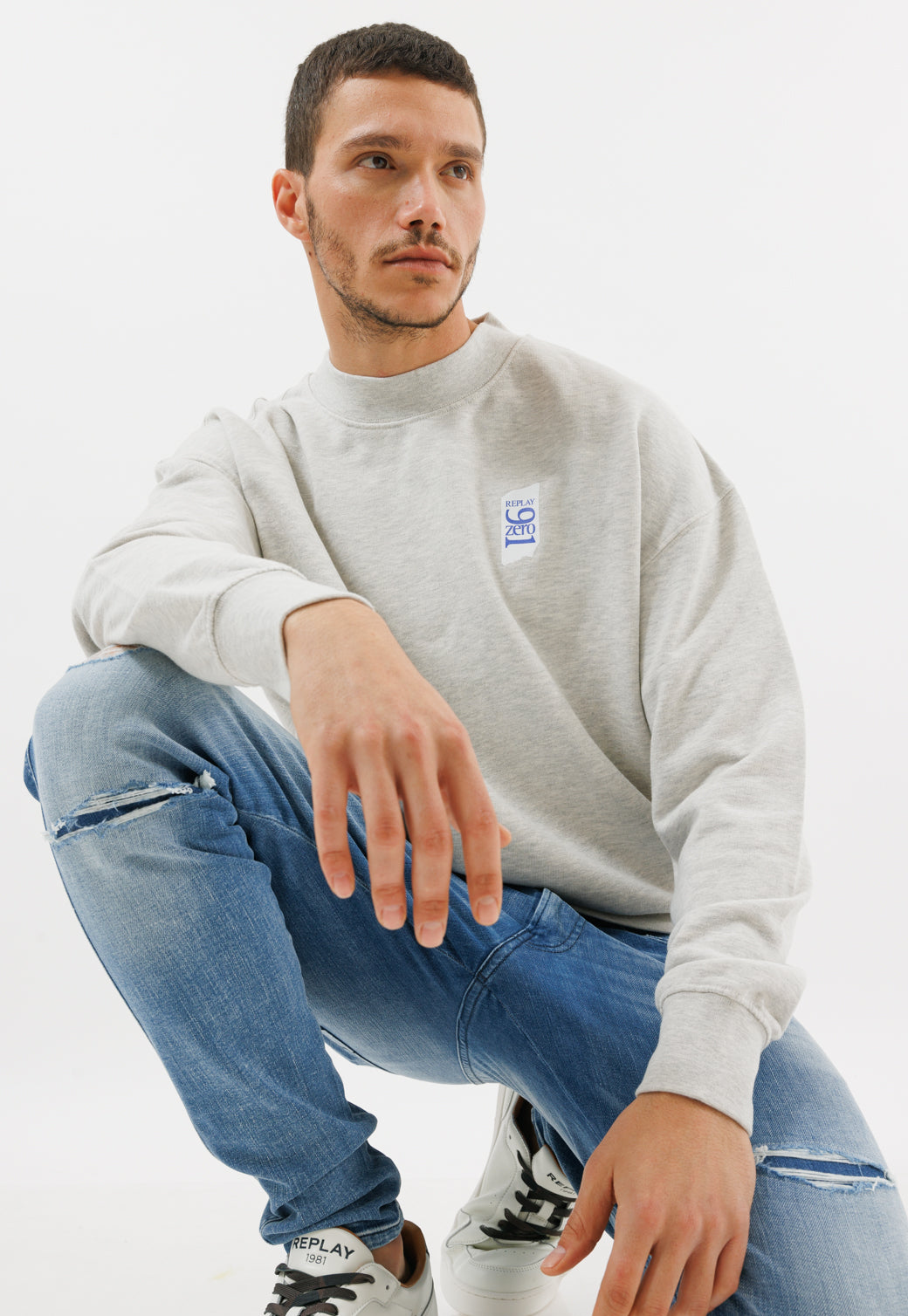 סווטשירט עם לוגו 9 ZERO1 לבן לגברים