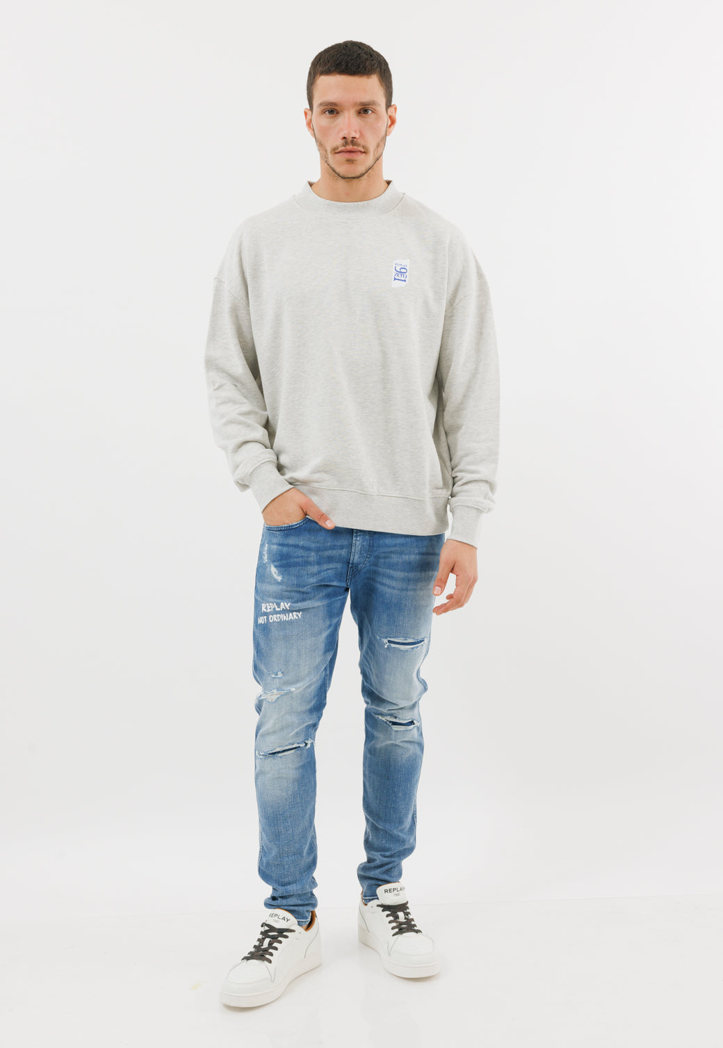 סווטשירט עם לוגו 9 ZERO1 לבן לגברים