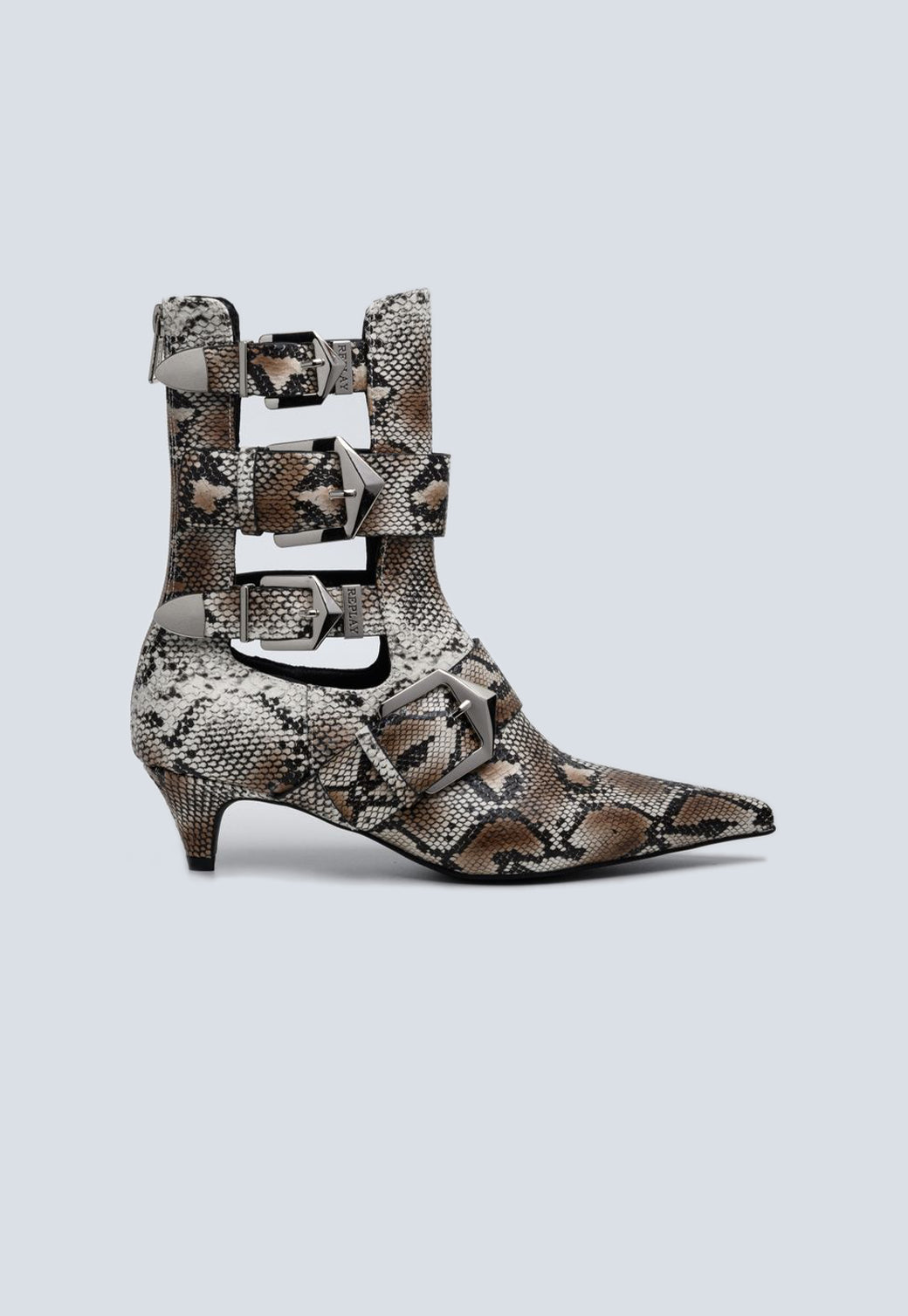 מגפוני עקב לנשים בהדפס נחש בצבע בז׳