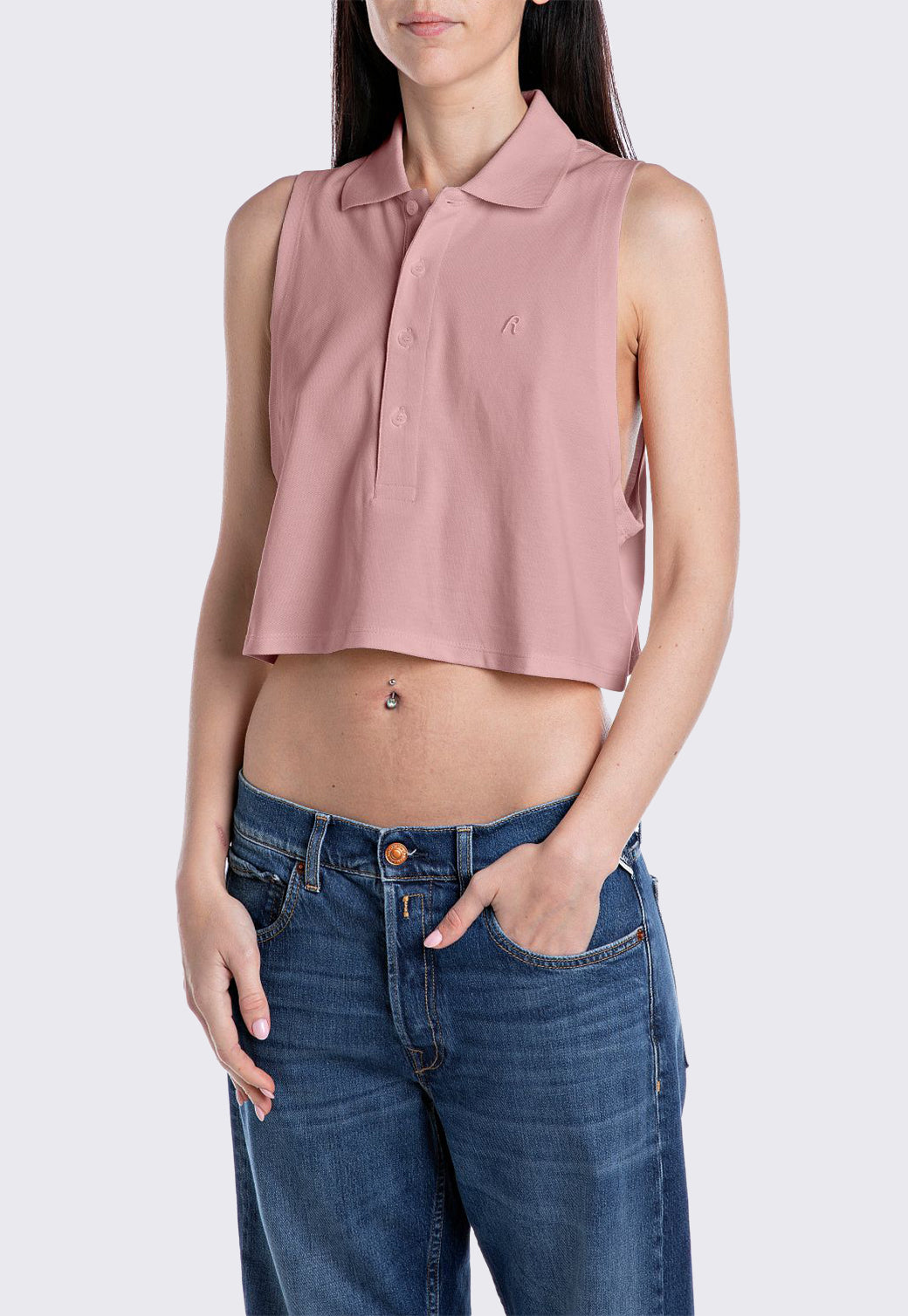 טופ פולו קצר ללא שרוולים לנשים בצבע ורוד עתיק