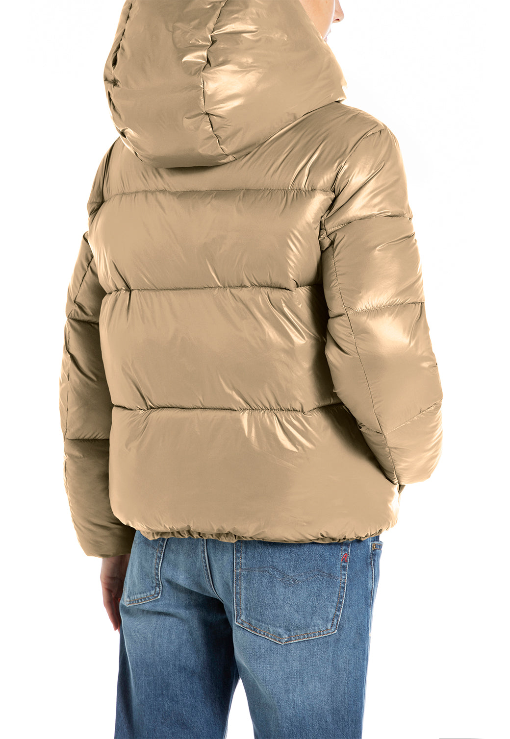 מעיל פוך קצר לנשים בצבע בז׳ בהיר עם כובע