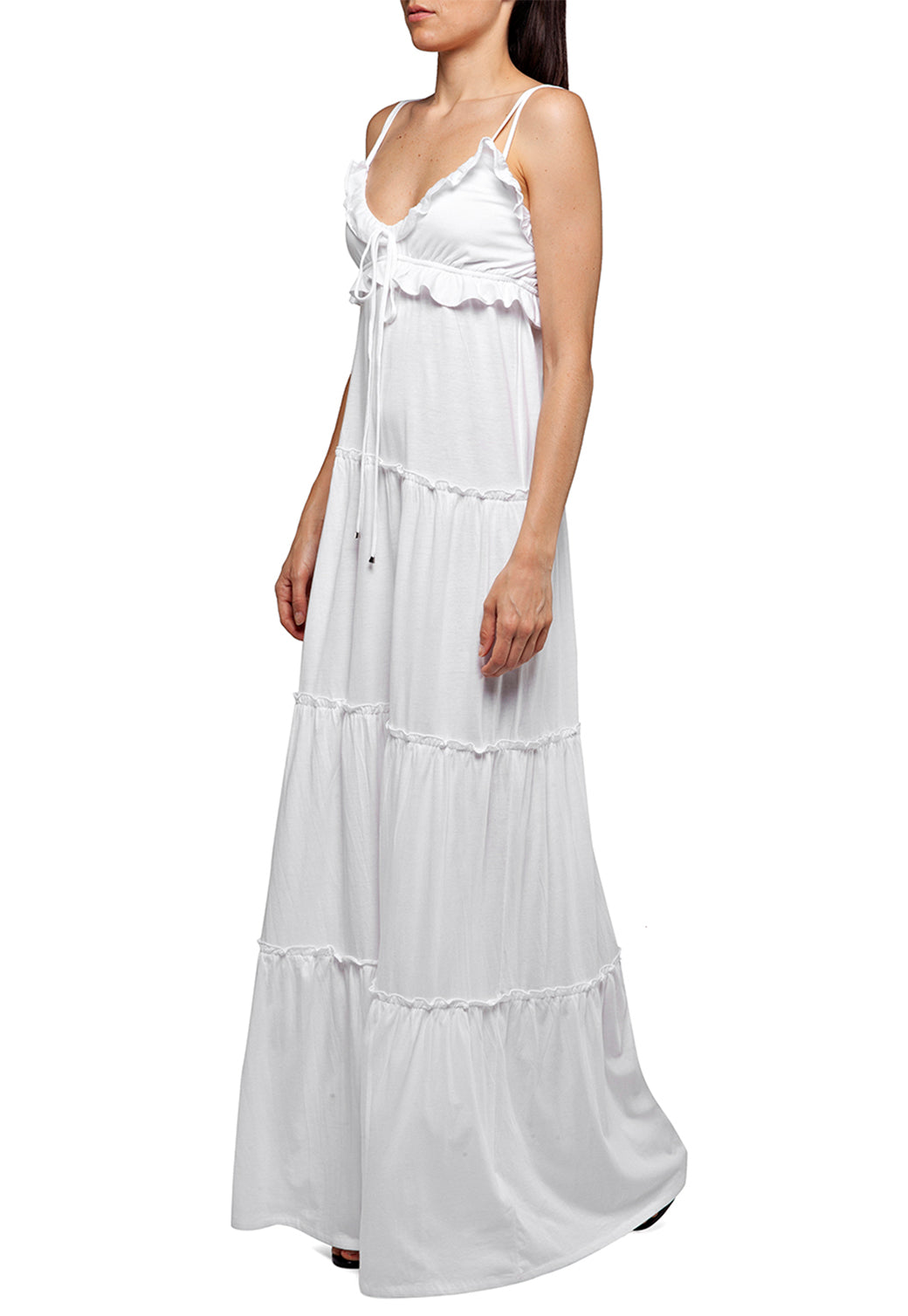 שמלת מקסי לבנה עם כתפיות דקות וקשירה