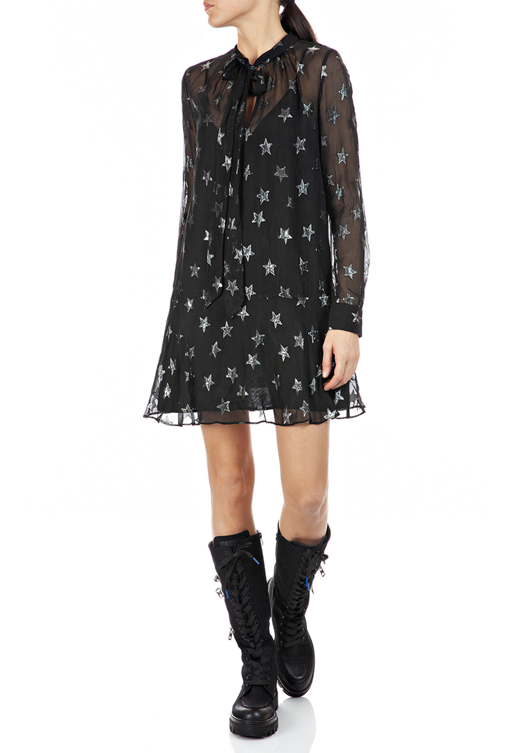 שמלת שיפון שחורה עם הדפס כוכבים