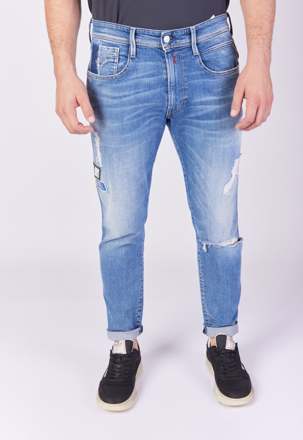 ג'ינס Slim Fit BRONNY עם קרעים ופאצ'ים גברים - Replay