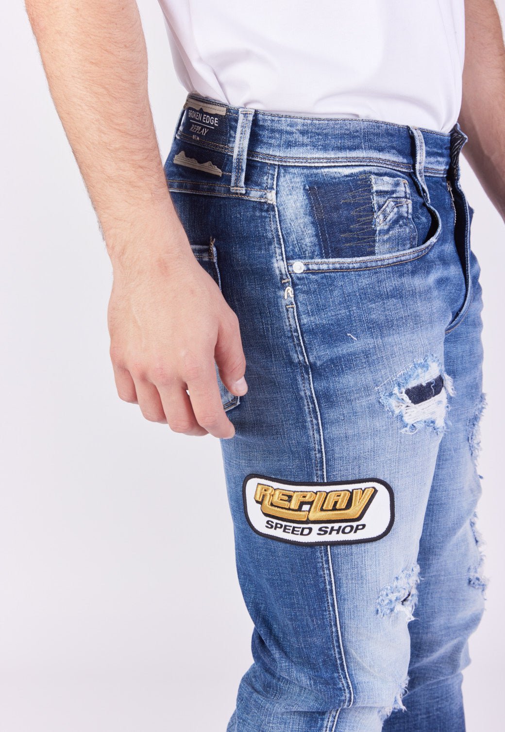 ג'ינס Slim Fit BRONNY עם קרעים ופאצ'ים גברים - Replay