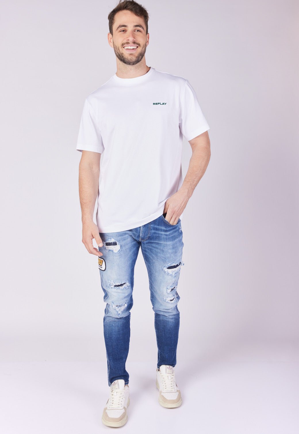 ג'ינס Slim Fit BRONNY עם קרעים ופאצ'ים גברים - Replay