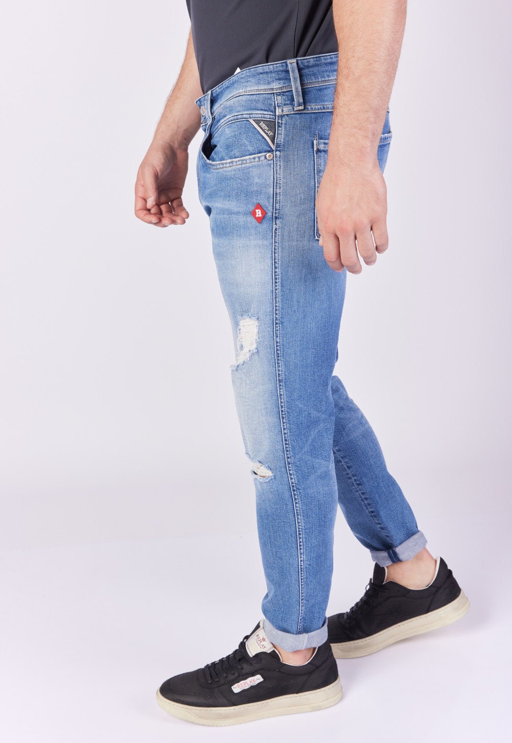 ג'ינס Slim Fit BRONNY עם קרעים ופאצ'ים גברים - Replay