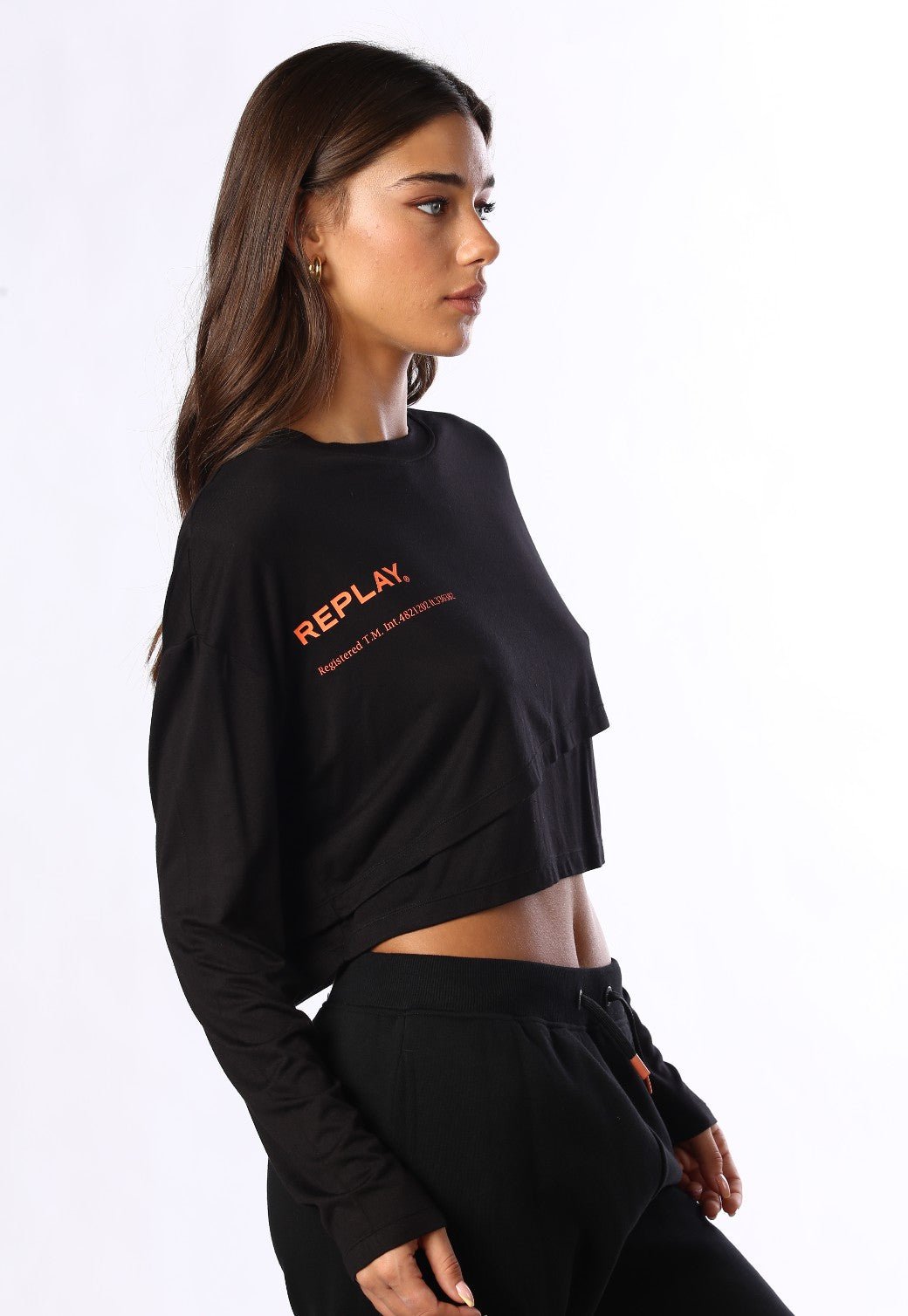 טי שירט ארוכה שתי שכבות לוגו גדול בחזה נשים - Replay