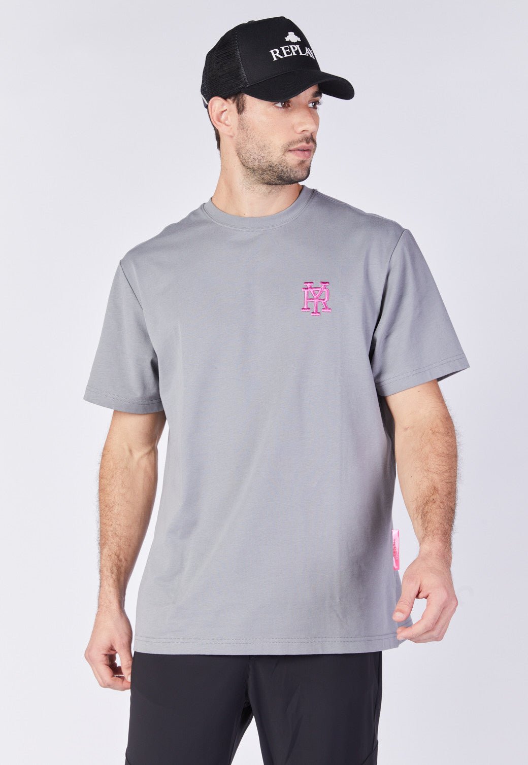 טי שירט קצרה בצבע אפור עם לוגו סמוי רקום גברים - Replay