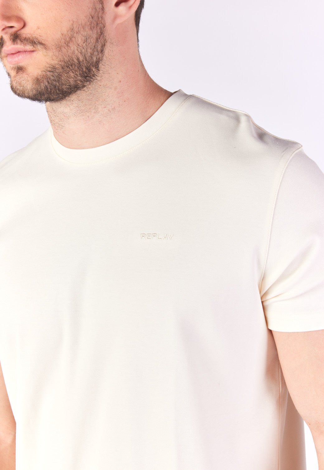 טי שירט קצרה פיקה בצבע שמנת גברים - Replay