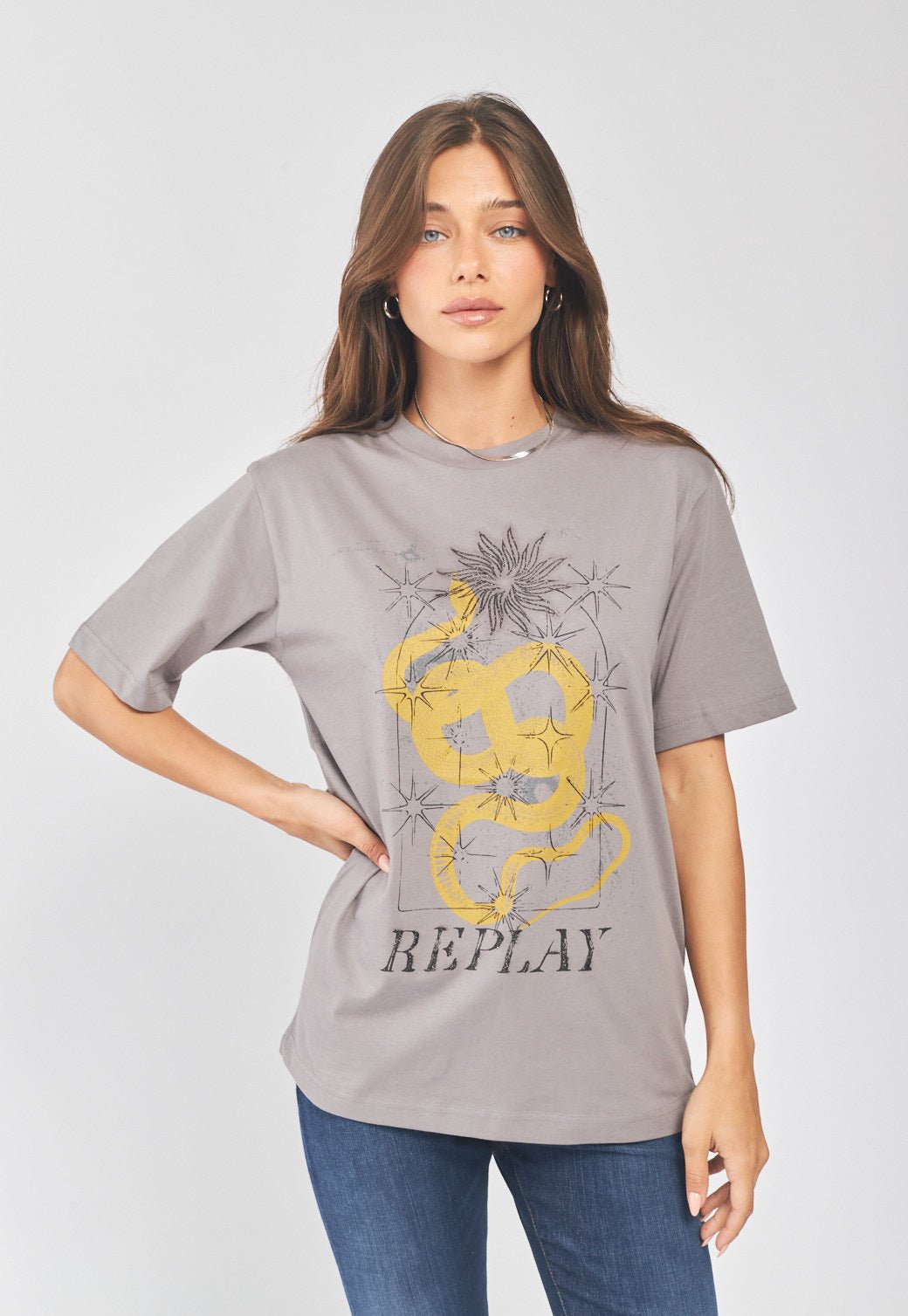 טי שירט קצרה עם הדפס בחזית נשים - Replay