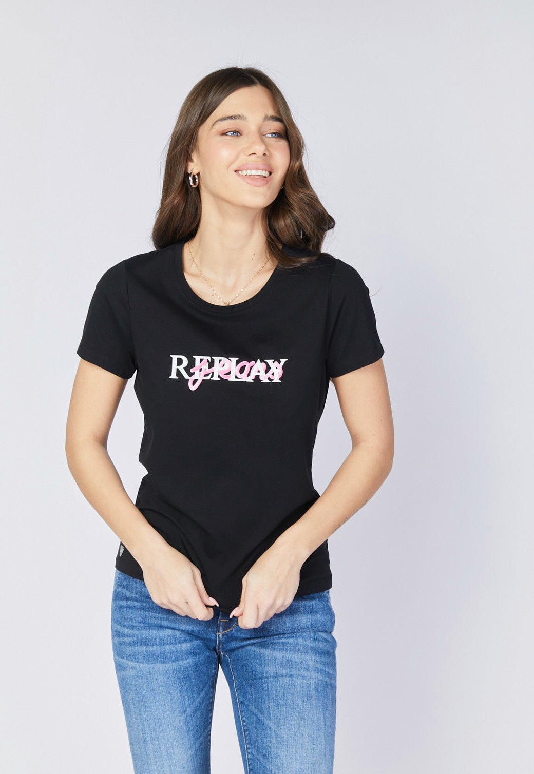 טי שירט קצרה עם הדפס לוגו כפול בחזית נשים - Replay