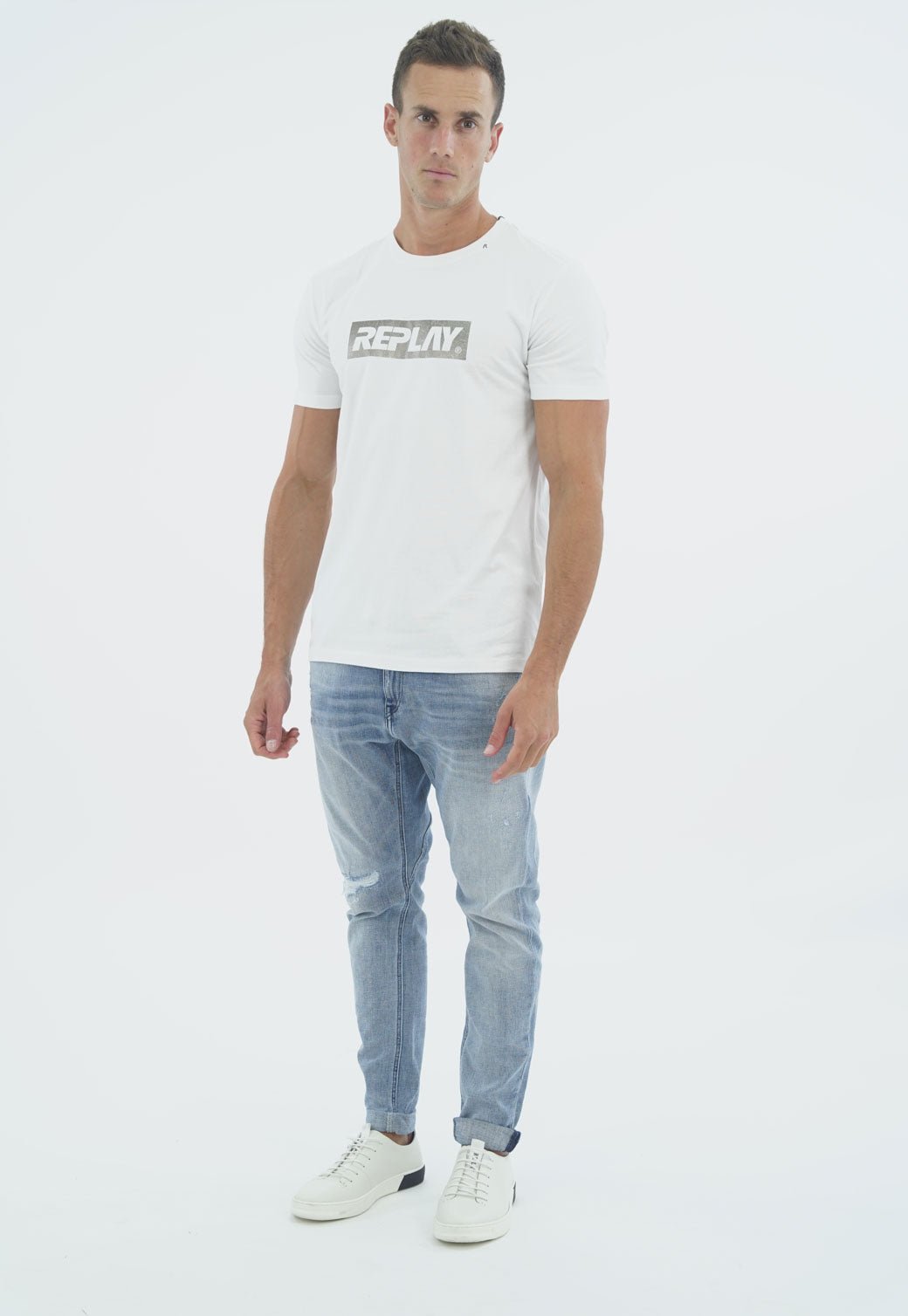 טי שירט קצרה מכותנה עם לוגו גדול בחזה גברים - Replay