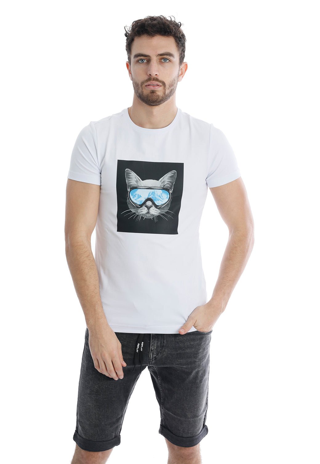 טי שירט לייקרה קצרה עם הדפס חתול גברים - Replay