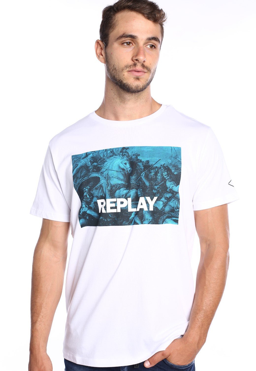 טי שירט כותנה קצרה הדפס בחזה גברים - Replay
