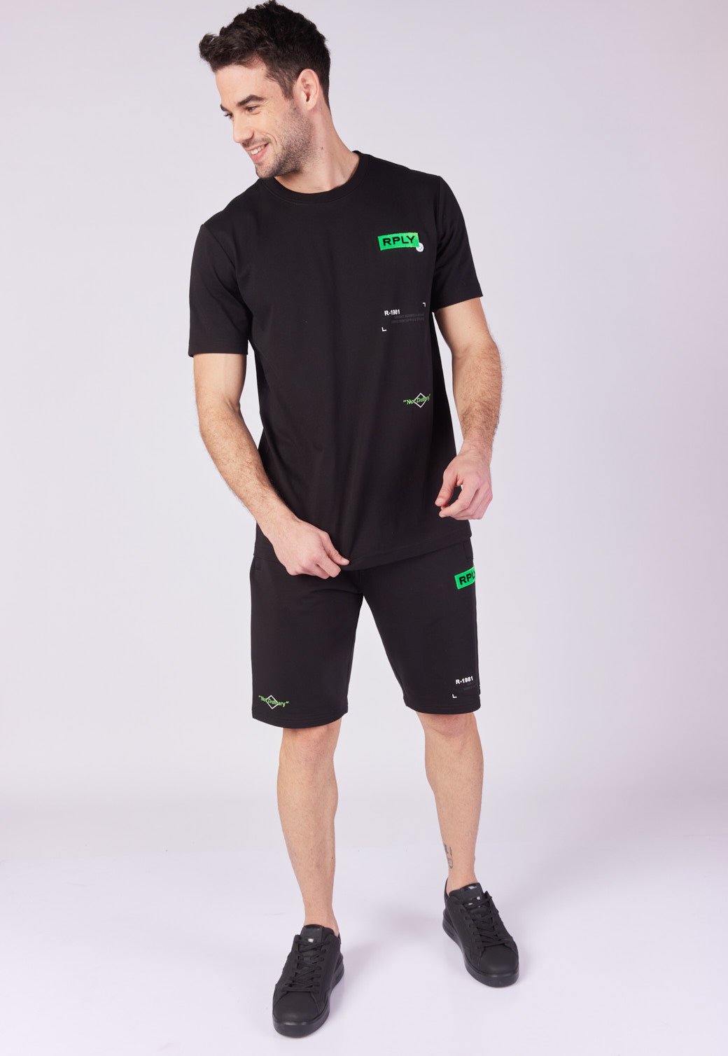 מכנסי טרנינג קצרים טרי בצבע שחור/ירוק גברים - Replay