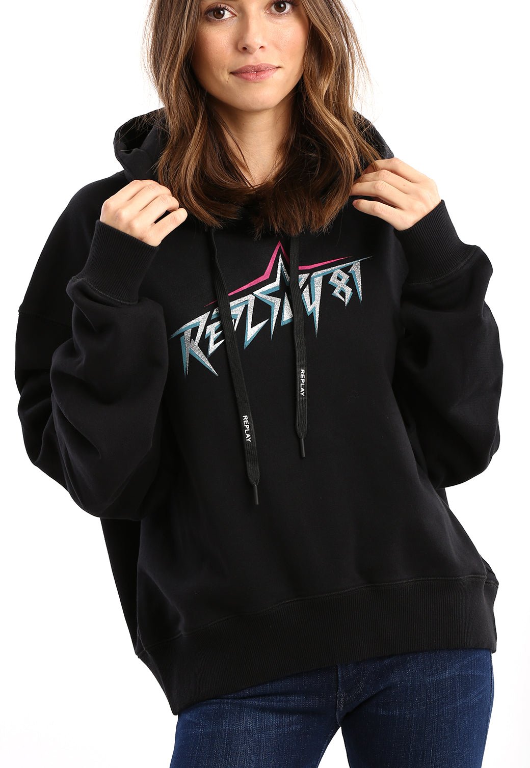 סווטשירט קפוצ'ון הדפס לוגו נשים - Replay