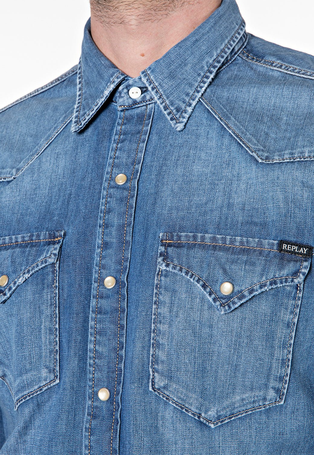חולצת ג'ינס מכופתרת עם כיסים גברים - Replay