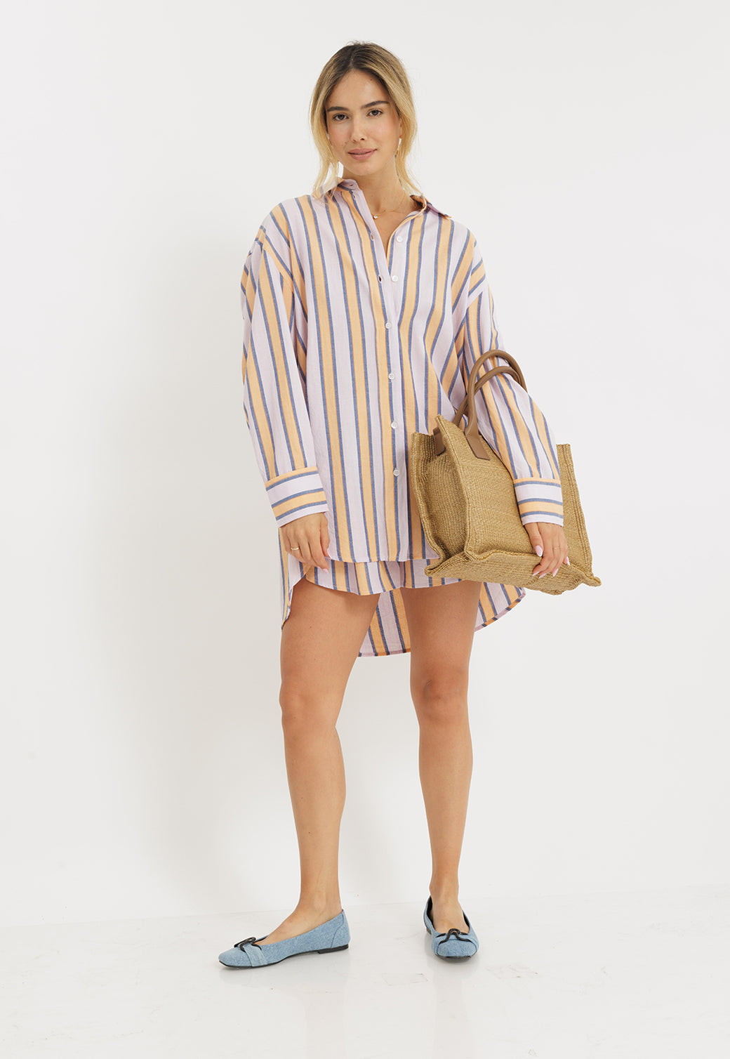 מכנסון פסים לנשים בגווני לילך, כתום ולבן