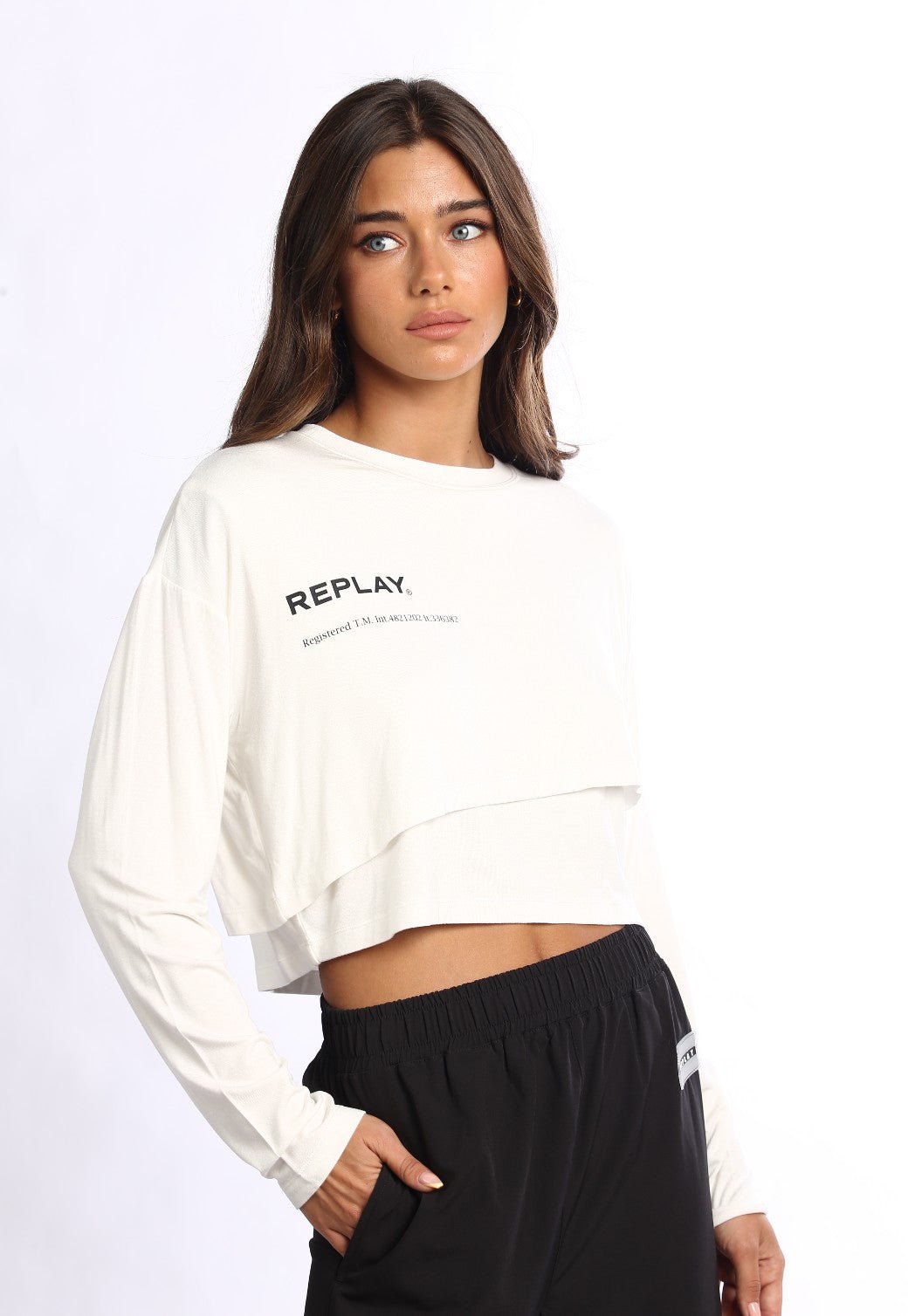 טי שירט ארוכה שתי שכבות לוגו גדול בחזה | נשים WHITE / S