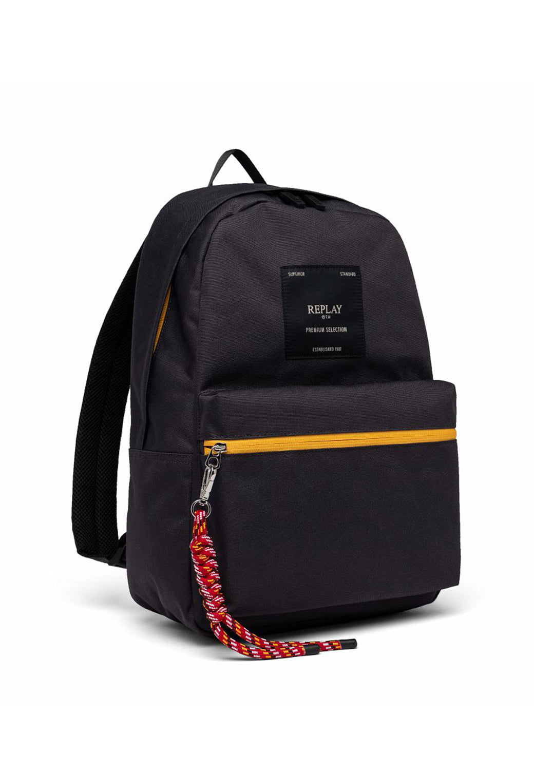 תיק גב שחור עם כיס קדמי ורוכסן צהוב