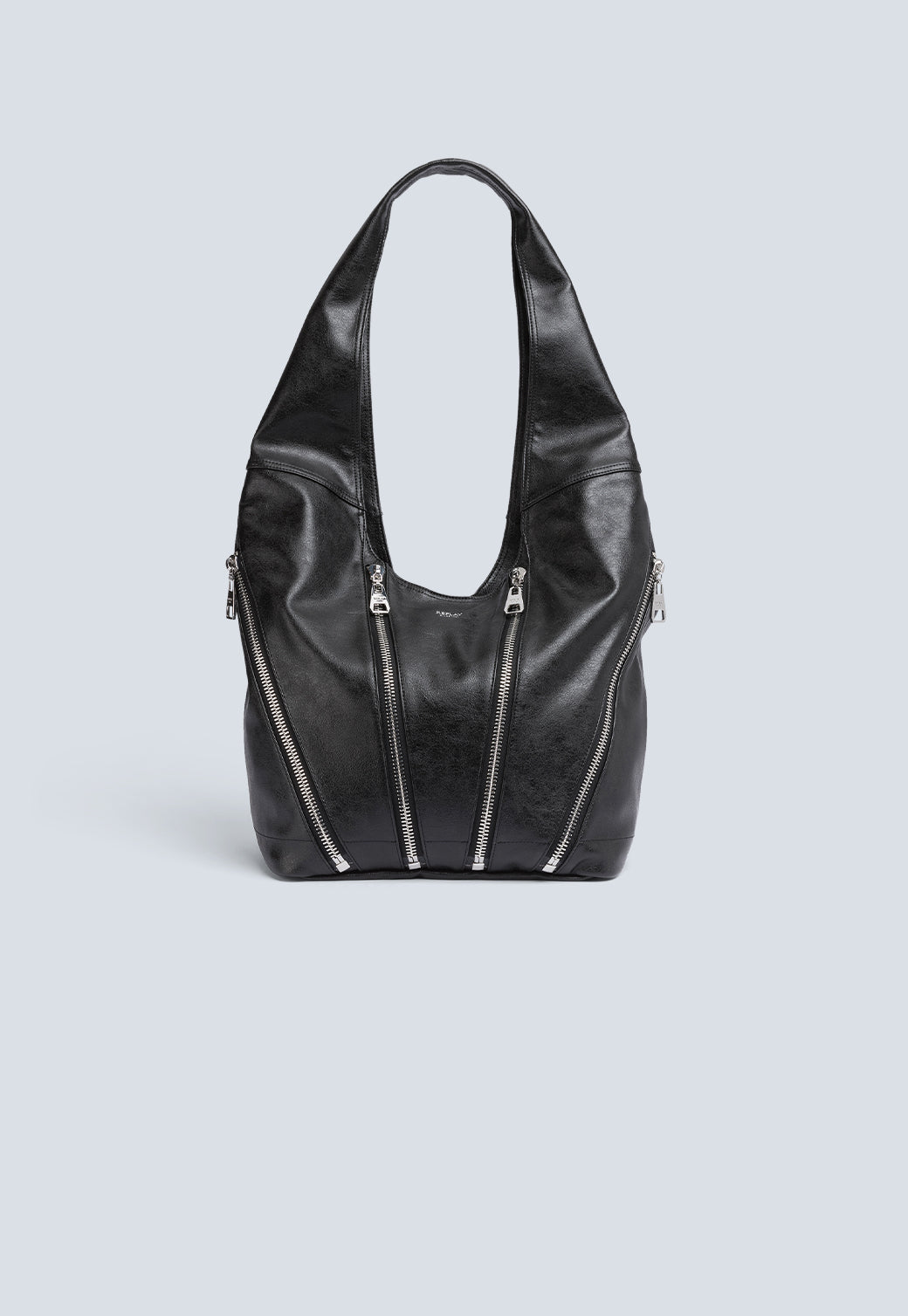 תיק כתף שחור לנשים עם רוכסנים דקורטיביים ורצועות רחבות – תיק אופנתי בעיצוב מודרני ואלגנטי