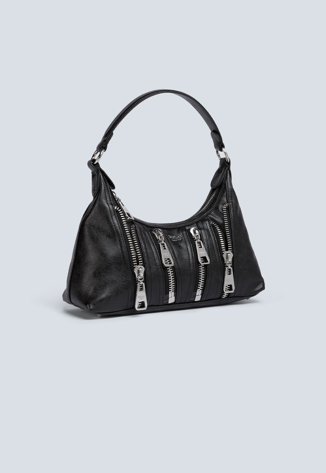 תיק כתף לנשים עם רוכסנים דקורטיביים בצבע שחור