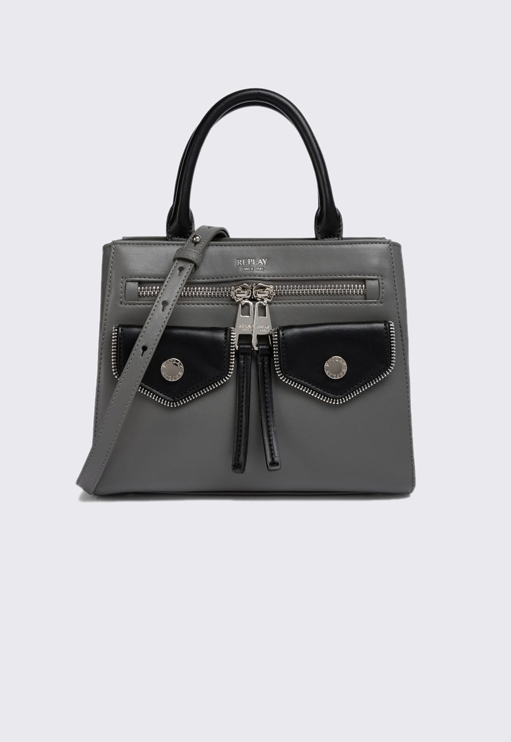 תיק יד לנשים בצבע אפור עם כיסים קדמיים בשילוב שחור
