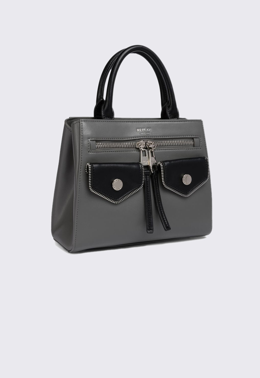 תיק יד לנשים בצבע אפור עם כיסים קדמיים בשילוב שחור