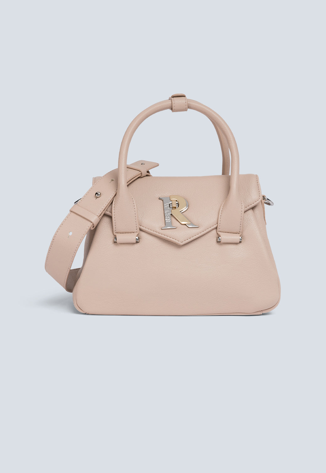 תיק יד לנשים בצבע בז׳ עם לוגו R מתכתי